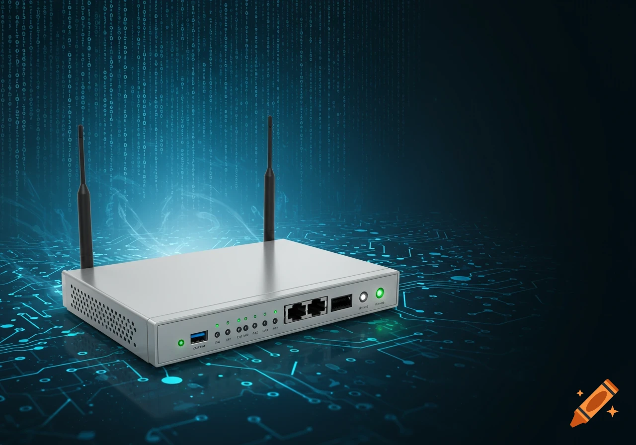 A silver network router with two antennas and multiple ports and indicator lights sits on a dark background with blue glowing circuit board patterns and binary code.