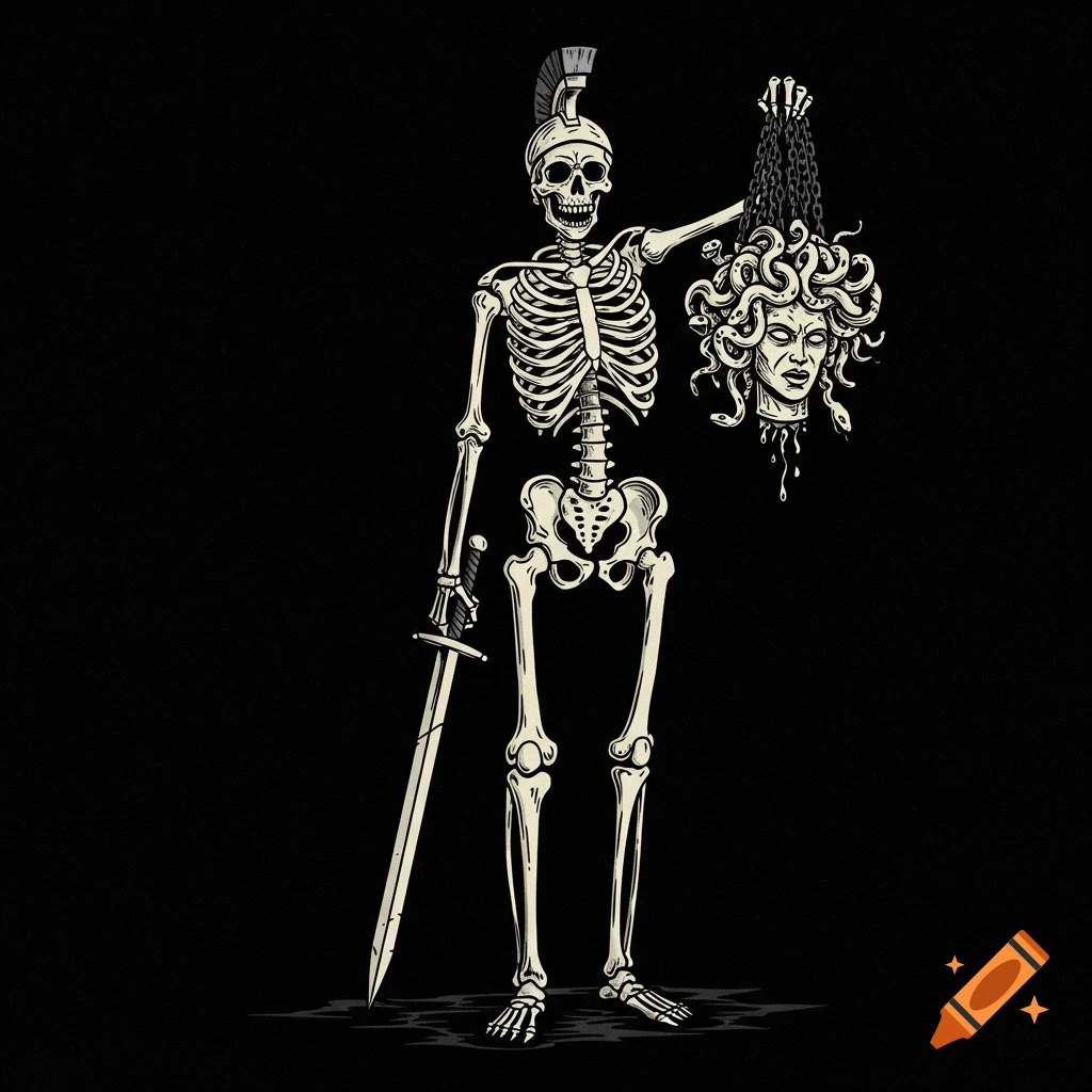 A stylized black and white illustration of a skeleton warrior in a helmet, holding Medusa's severed head by chains.
