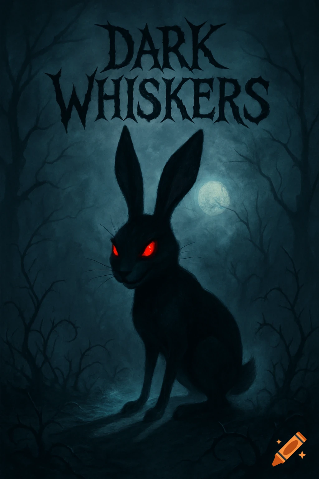 A dark rabbit with glowing red eyes in a spooky forest at night, with a full moon and the title 'Dark Whiskers'.