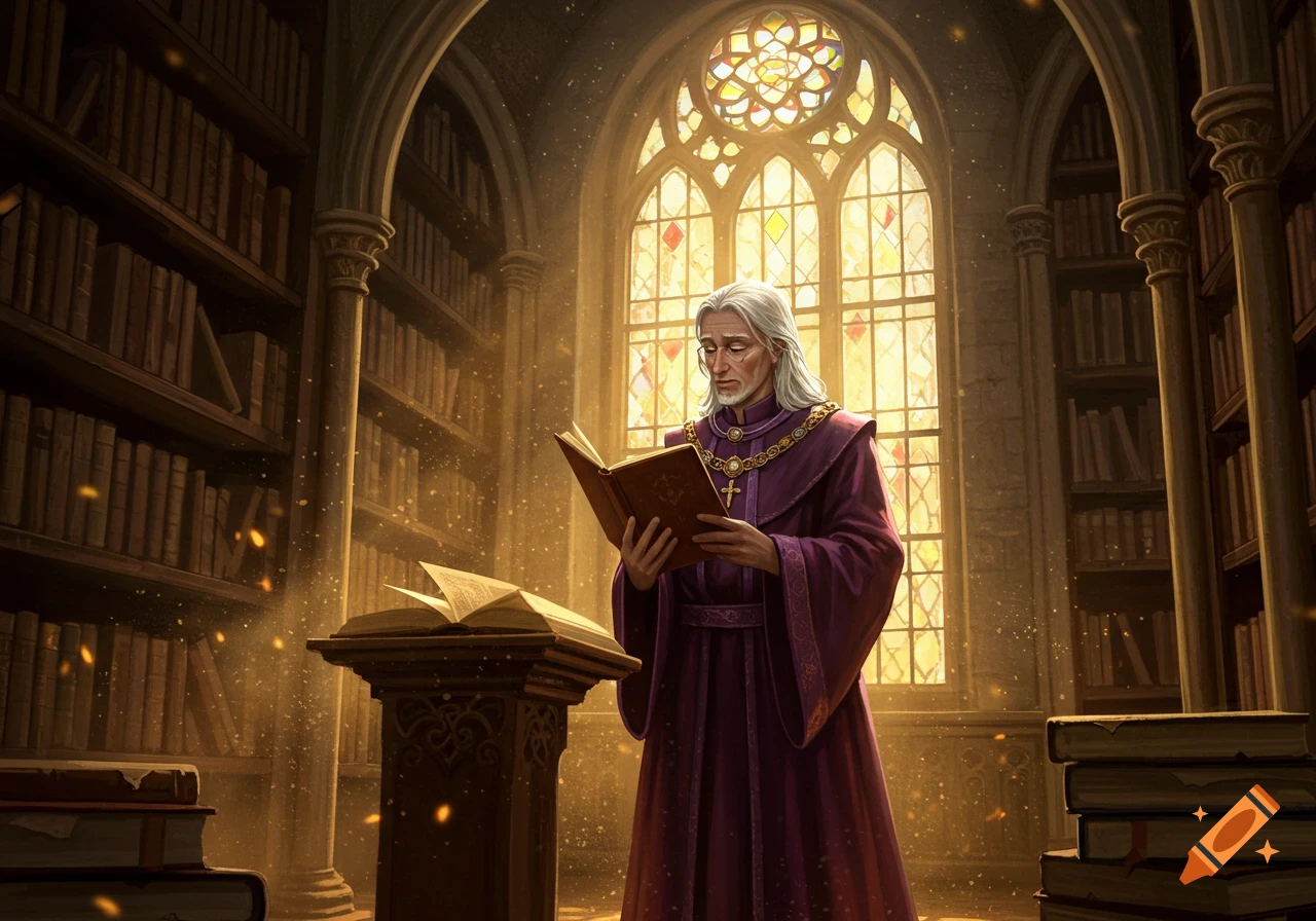 An elderly man in a purple robe reads an open book in a grand, sunlit library with stained glass windows.