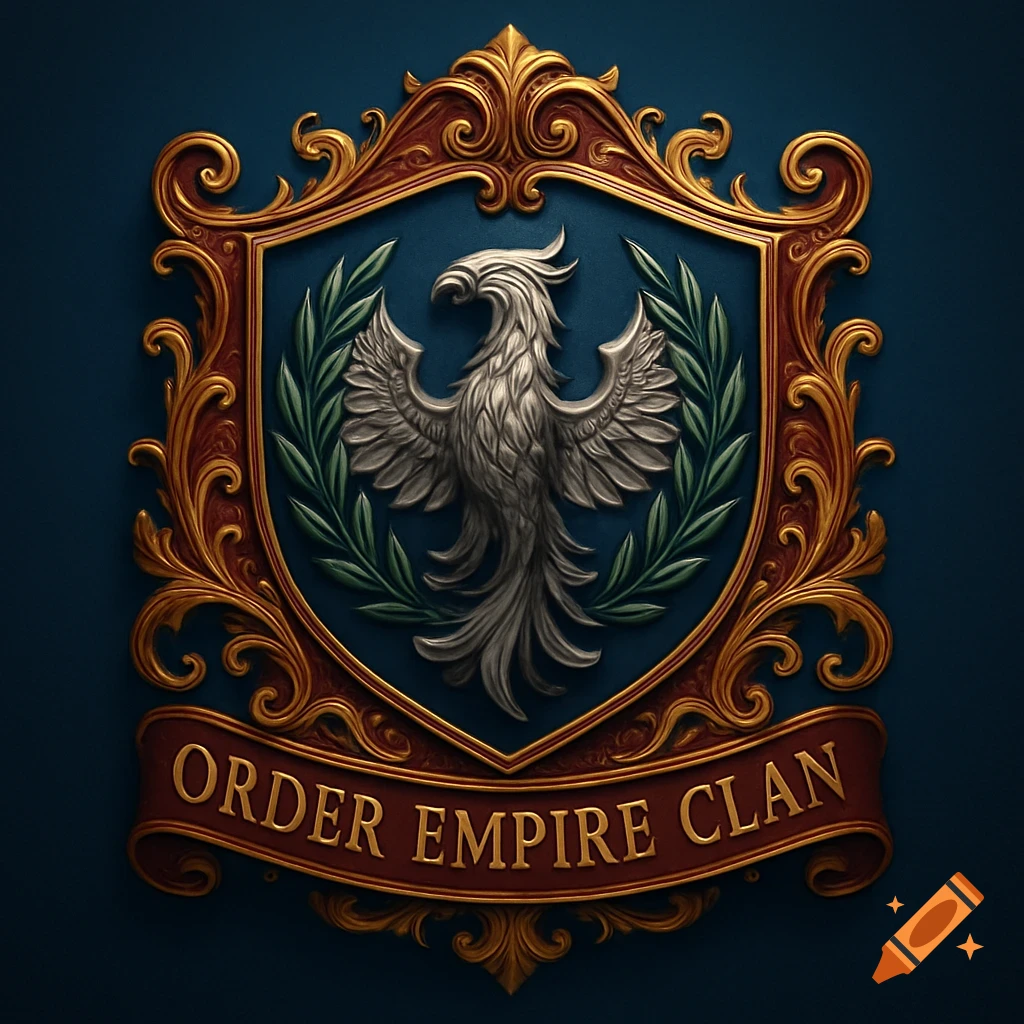 A detailed, ornate gold and red shield emblem with a silver bird, green leaves, and a banner reading 'ORDER EMPIRE CLAN' on a dark blue background.