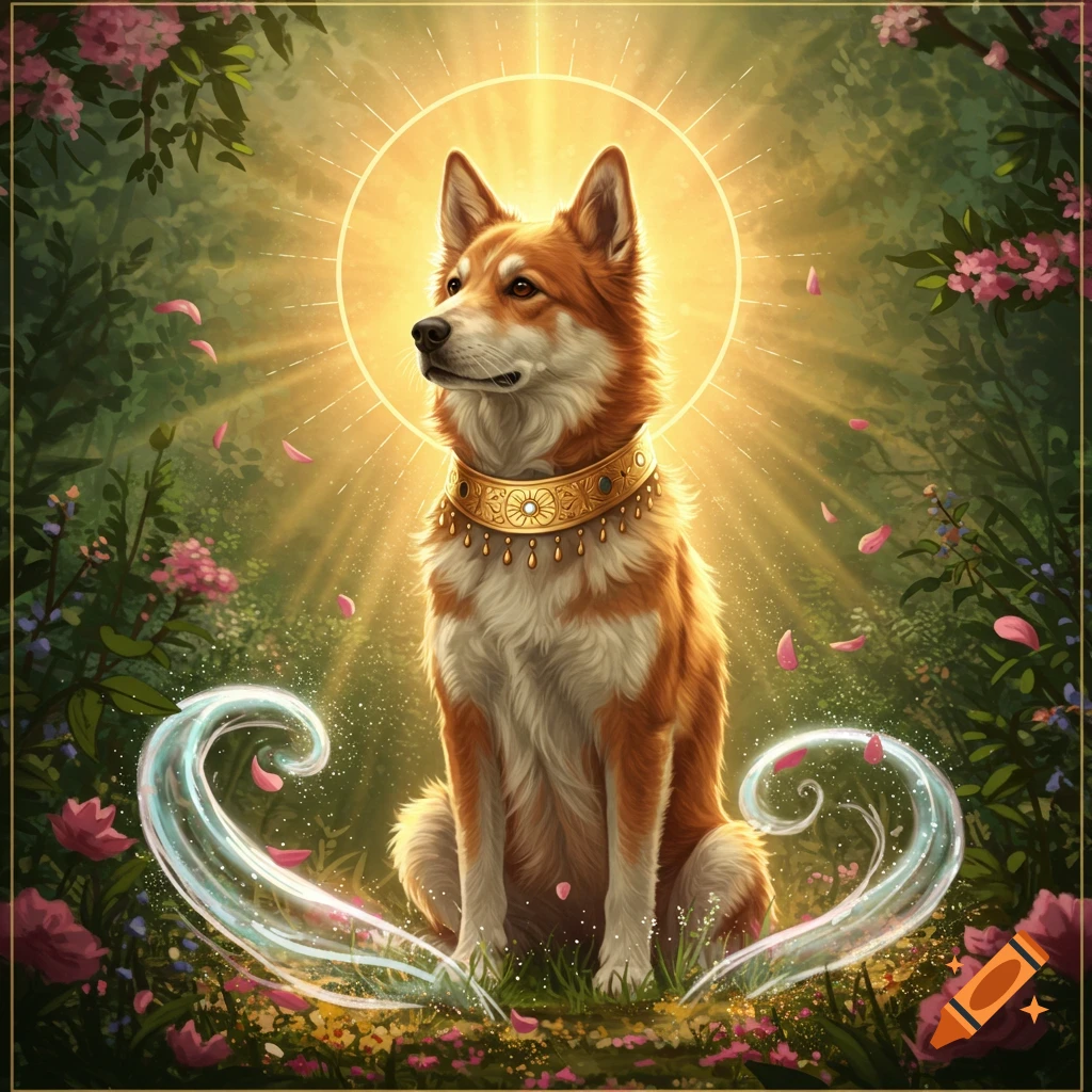 A majestic Shiba Inu-like dog with a golden collar and halo, sitting in a lush forest with glowing light and floating petals, in a vibrant fantasy art style.
