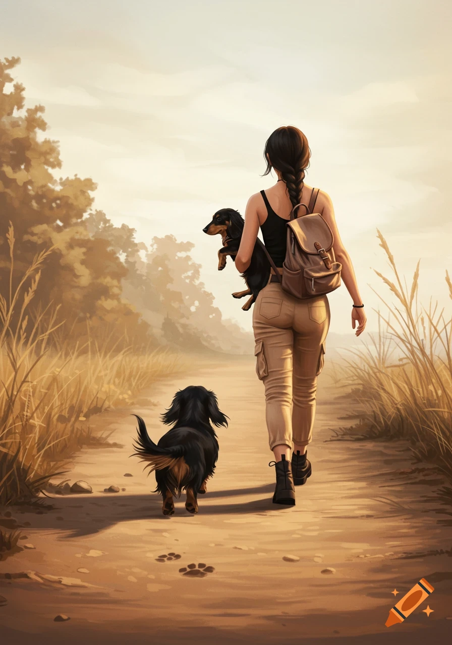 An illustration of a woman walking on a path with two dachshunds, one carried and one walking beside her, in a golden-hour setting.