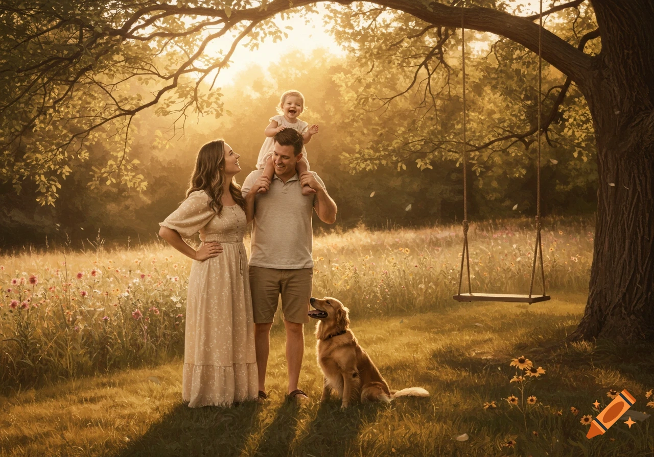 A happy family with a child on shoulders and a golden retriever in a sunlit field with trees and wildflowers.