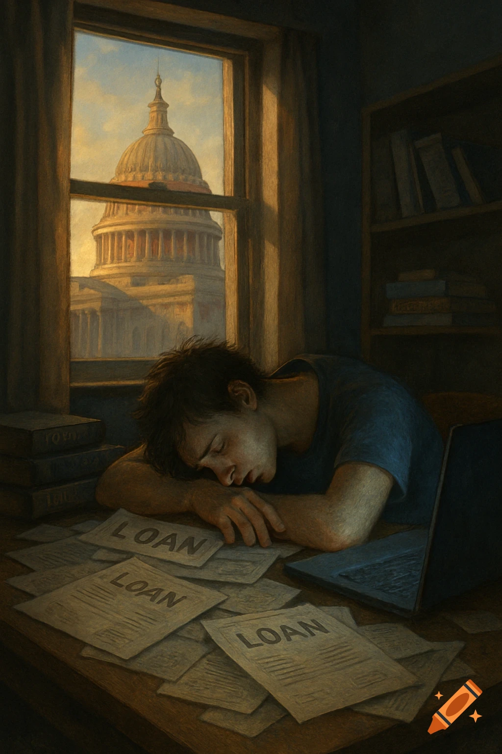 A stressed student sleeps on a desk covered in loan bills, with the U.S. Capitol visible through the window.