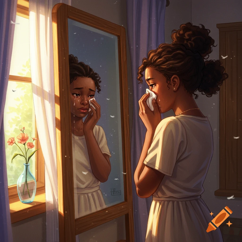 Illustrated sad Black girl in a white dress wiping tears, looking into a mirror in a sunlit room with flowers by a window.