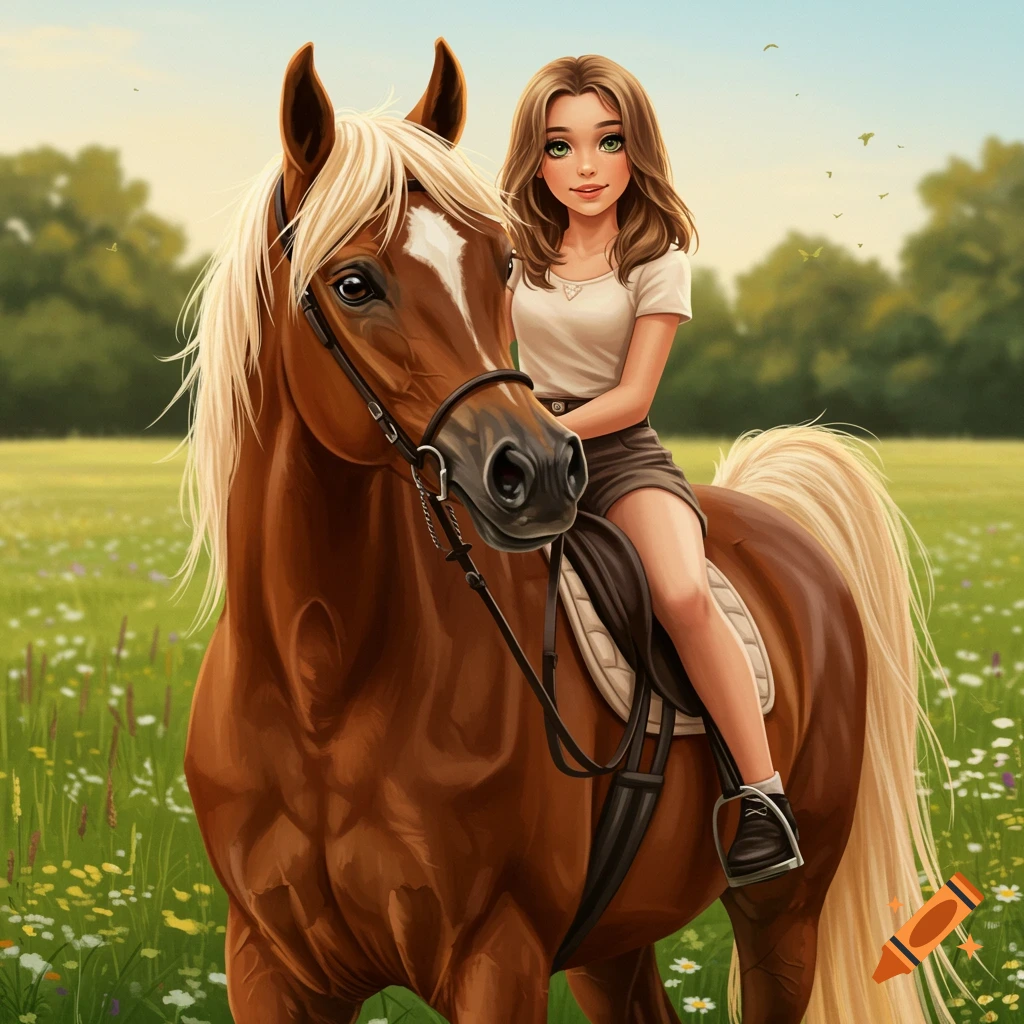 A stylized illustration of a teenage girl with green eyes and brown hair, riding a brown Arabian horse with a flaxen mane in a sunlit field of wildflowers.