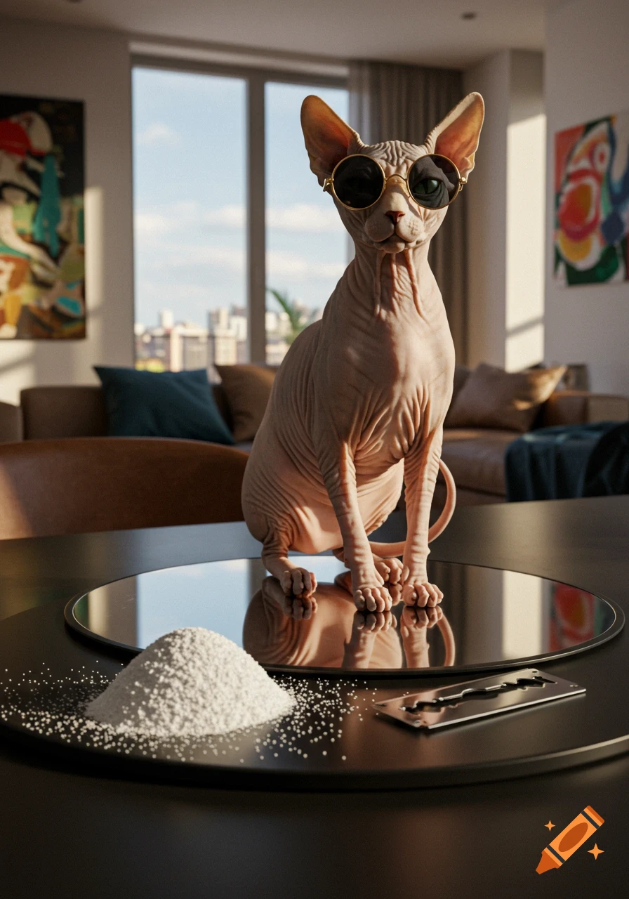 A photorealistic Sphynx cat in sunglasses sits on a mirror next to a pile of white powder and a razor blade on a table in an apartment.