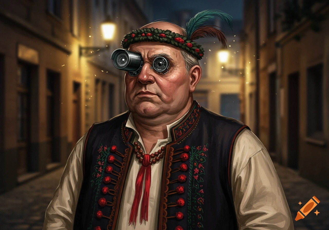 A portrait of an older man in traditional Polish attire, with a low-light zoom camera installed in his eye sockets, standing in an old-world alley.