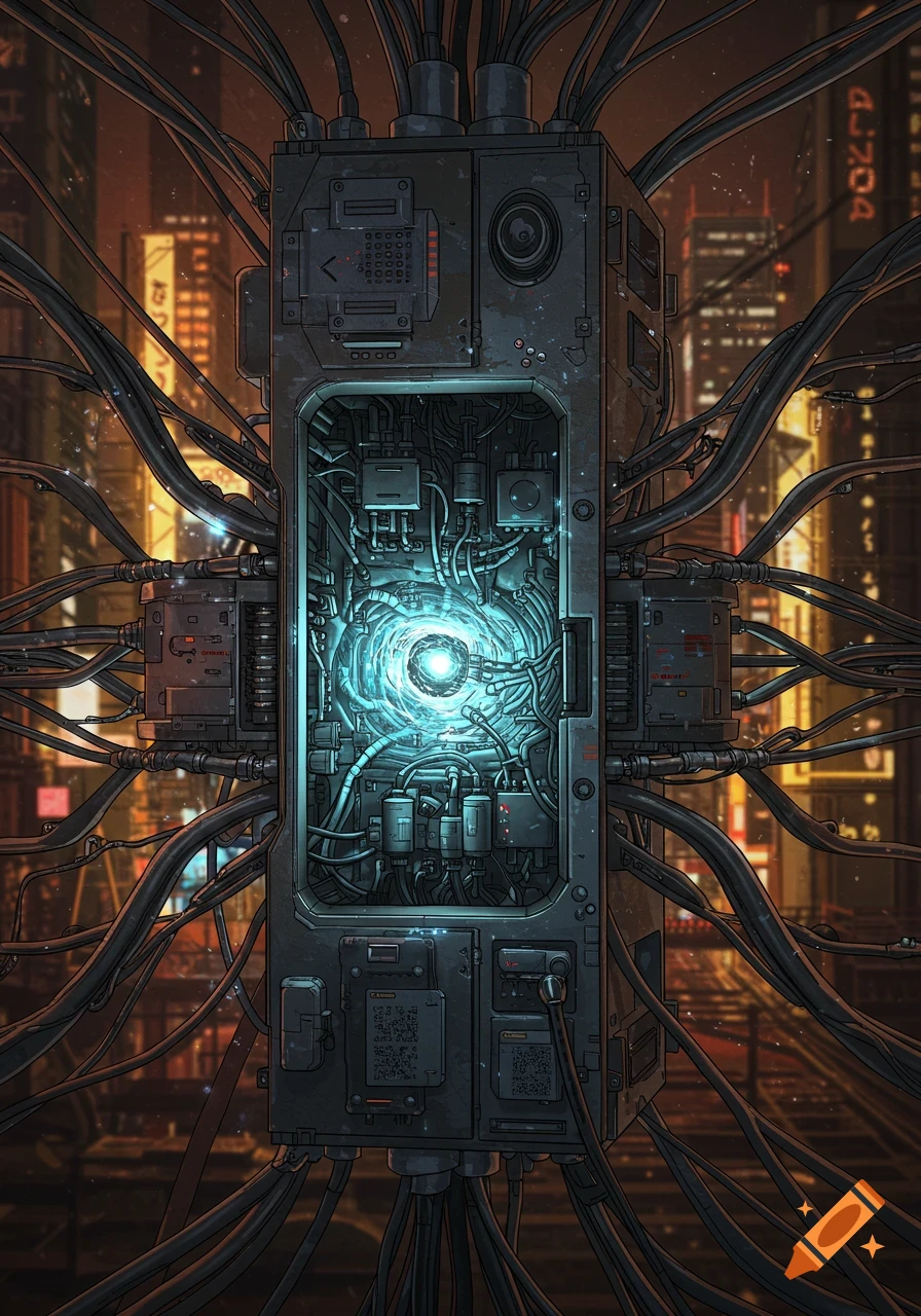 Anime-style illustration of a complex central powerbox with glowing blue energy, intricate wires, and transformers, set against a futuristic city skyline at night.