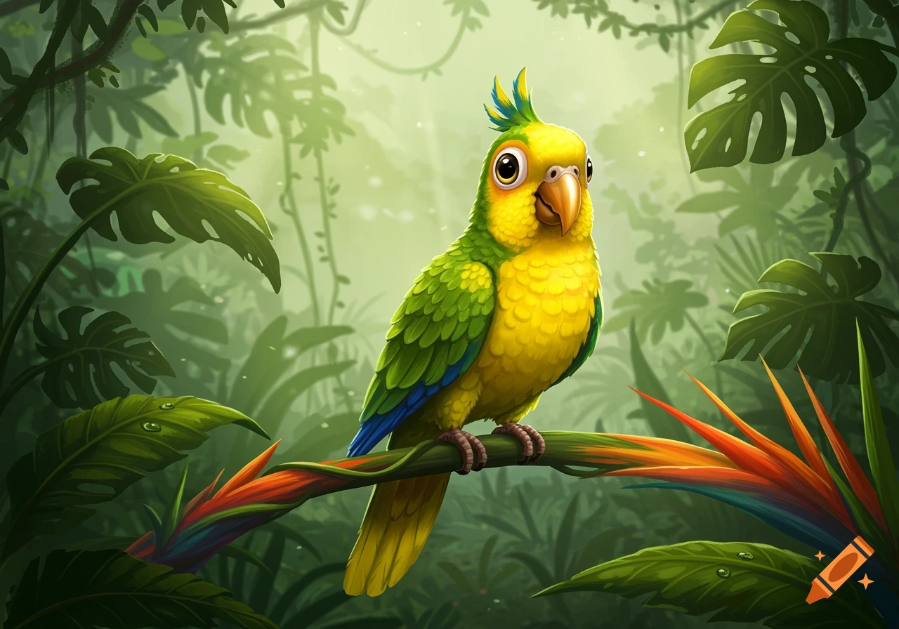A cute yellow and green cartoon parrot perches on a branch in a lush, misty jungle environment.