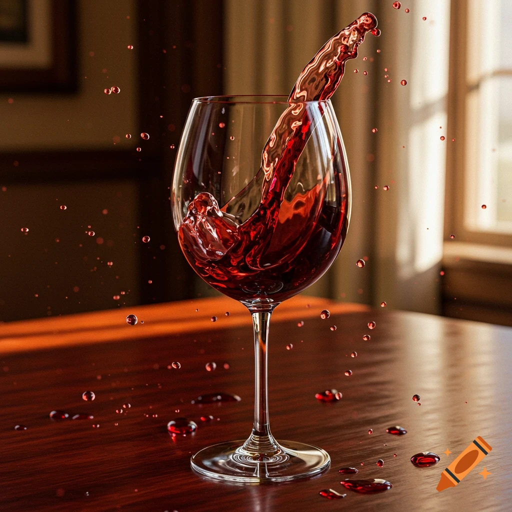 A glass of red wine overflowing on a wooden table with splashes and drops, with a window in the background.