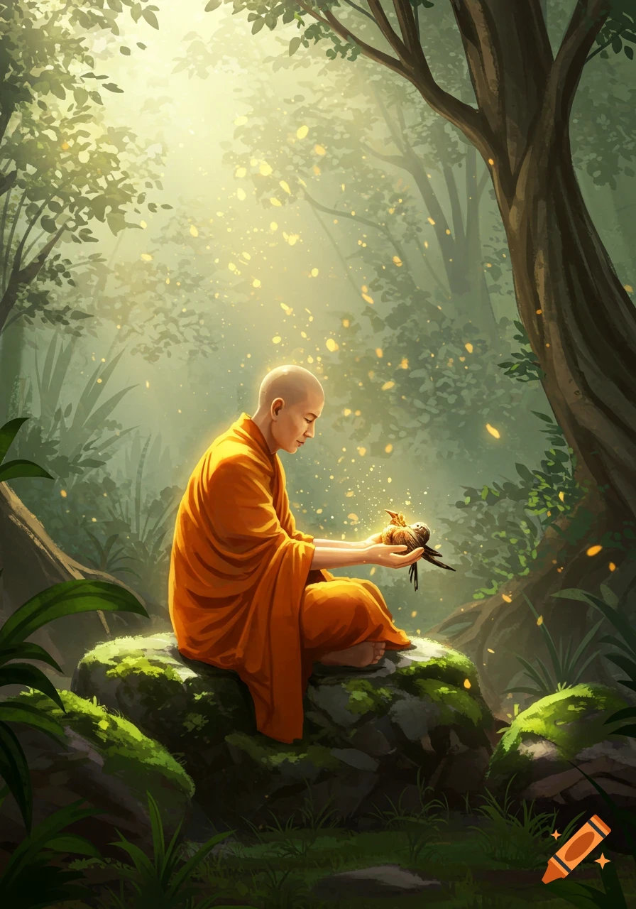 A bald monk in orange robes sits on mossy rocks in a sunlit forest, gently holding a small bird.