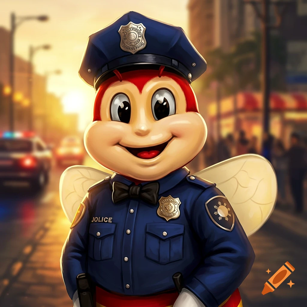 Jollibee mascot dressed as a police officer on a city street at sunset, stylized illustration.