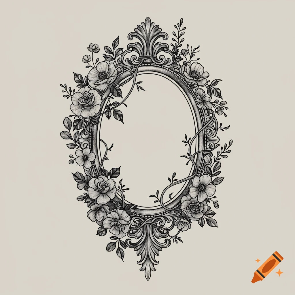 An ornate oval frame surrounded by black and grey floral illustrations and vines on a light background.