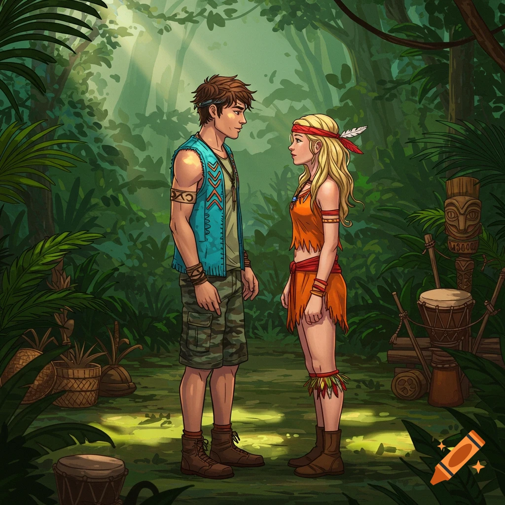 A young man and woman in tribal outfits stand in a lush jungle, looking at each other. Illustrated.