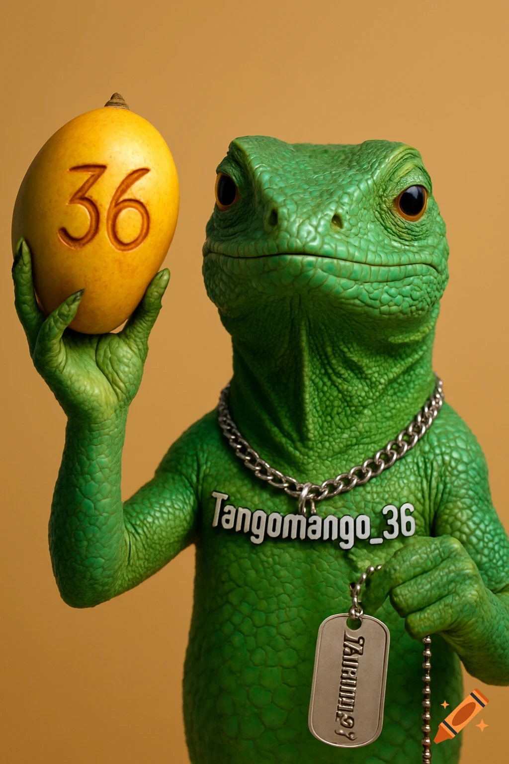 A photorealistic green lizard holds a mango engraved with "36" and wears a necklace with "Tangomango_36" and a dog tag.