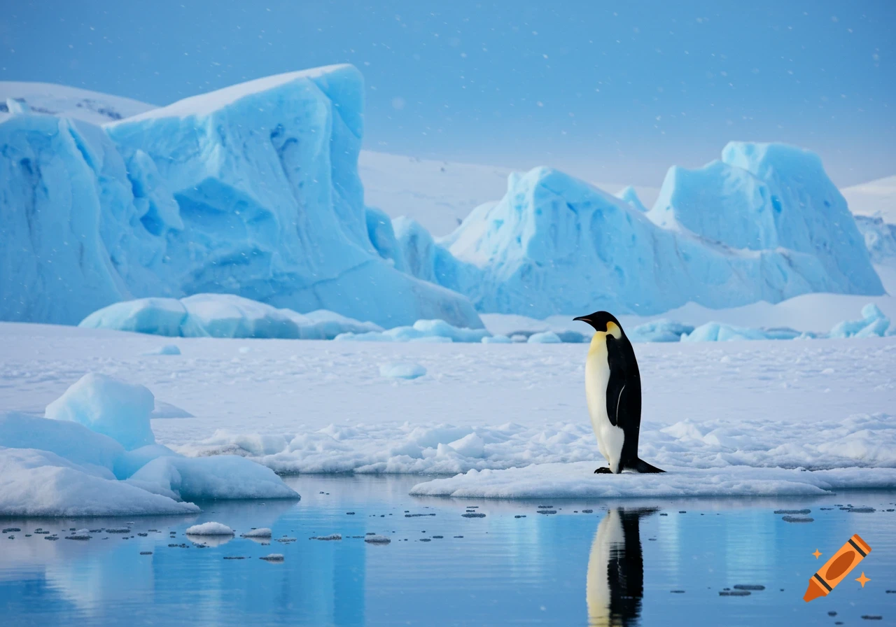 A photorealistic emperor penguin stands on an ice floe in Antarctic waters with blue icebergs and snowy mountains.