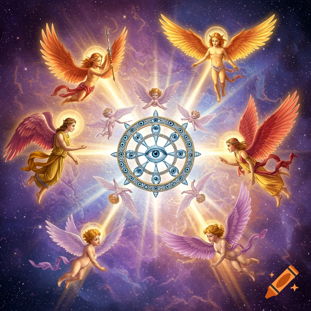 A vibrant celestial scene with multiple angels and cherubs surrounding a large, eye-filled wheel amidst glowing light and stars.