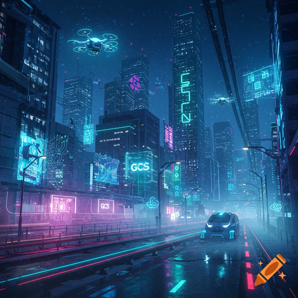 Cyberpunk cityscape at night with neon lights, flying drones, and a futuristic car on a glowing road.