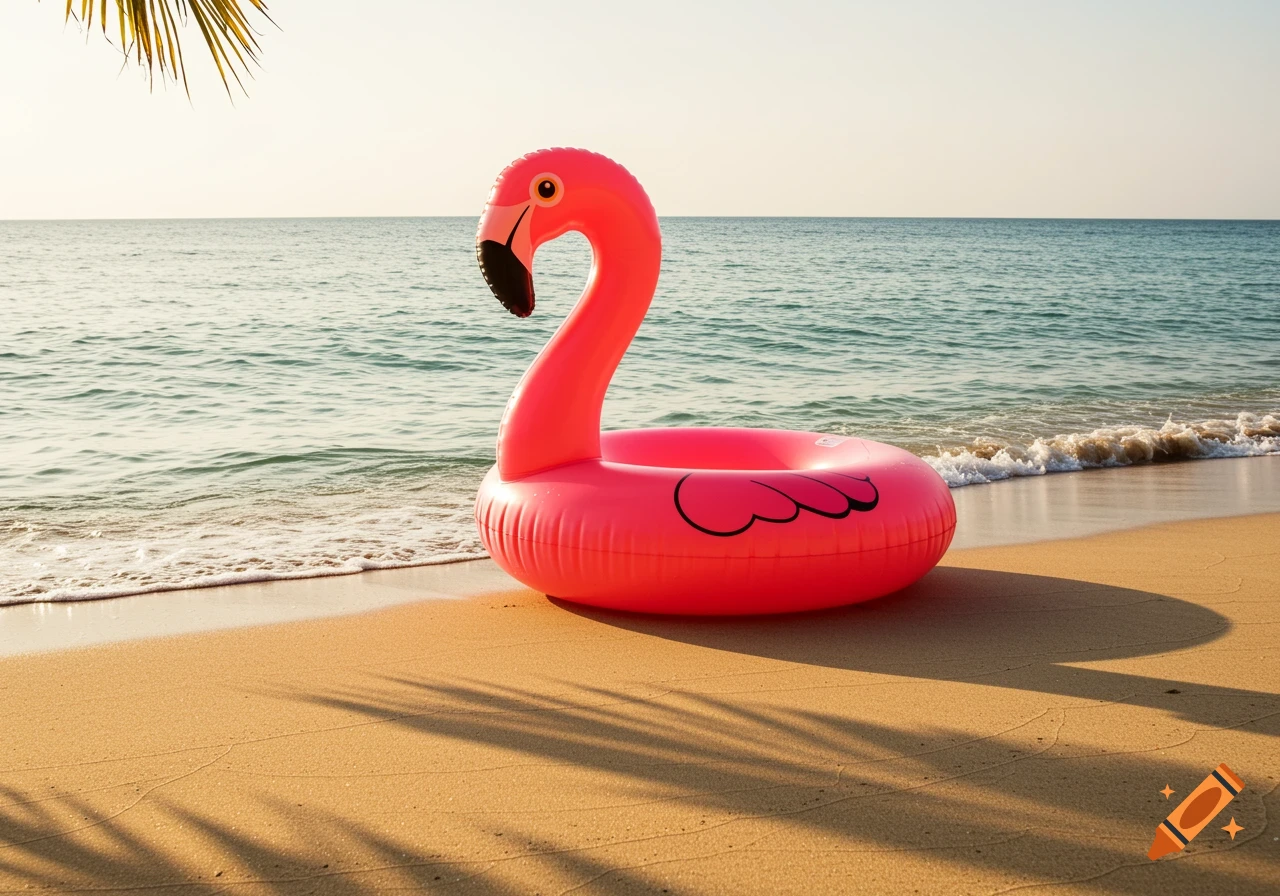 A large pink flamingo inflatable float sits on a sandy beach at the edge of the ocean under a clear sky.