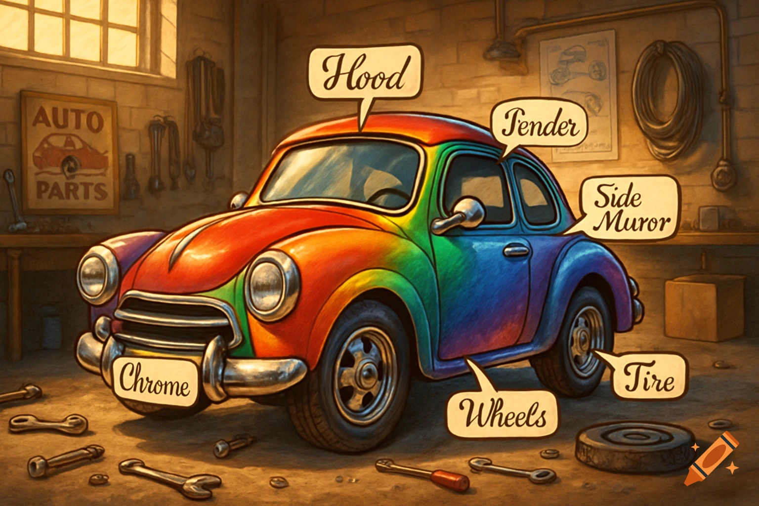 A colorful, cartoon-style car with labeled parts in a garage setting, including 'Hood', 'Tender', 'Side Muror', 'Chrome', 'Wheels', and 'Tire'.