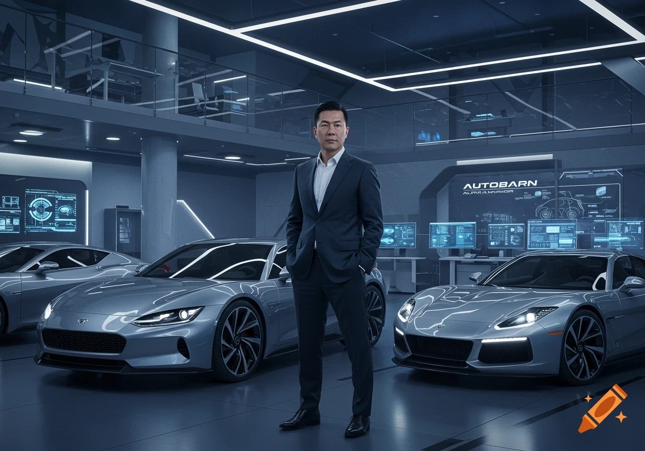 A man in a suit stands confidently in a modern, futuristic showroom with sleek silver sports cars. Neon lights illuminate the space and digital screens display information.