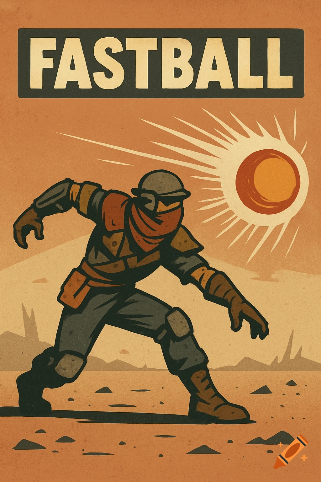 Stylized vintage poster of a person in post-apocalyptic gear crouching in a desert landscape with a sunburst, and "FASTBALL" text above.