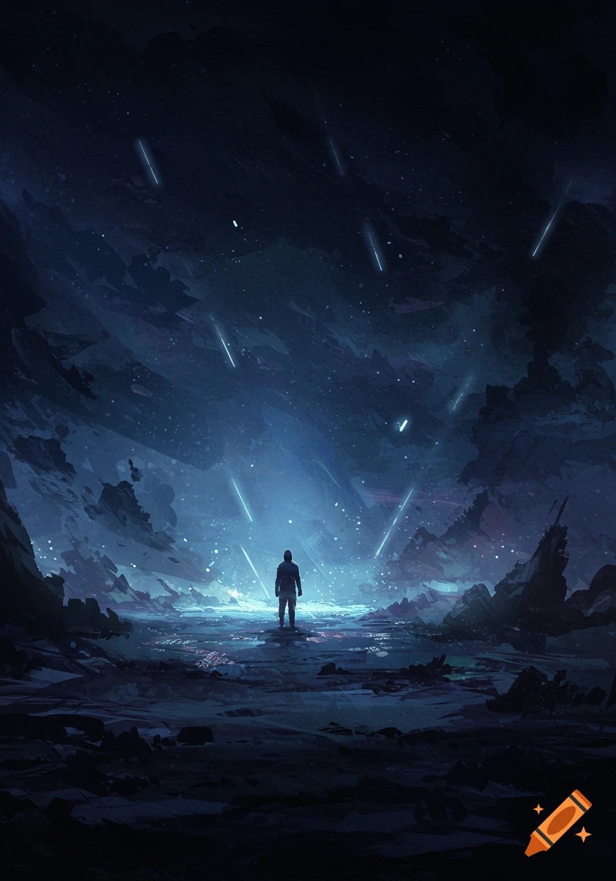 A lone figure stands in a dark, alien landscape illuminated by falling blue light streaks.