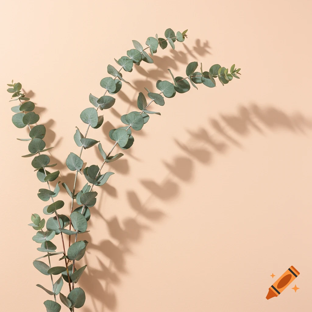 Photorealistic image of eucalyptus branches casting soft shadows on a light peach background.