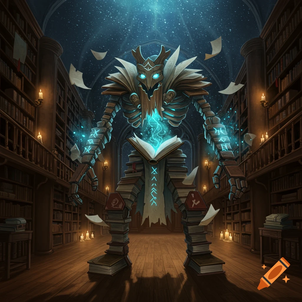 A towering creature made of books and paper, with glowing blue eyes and runes, stands in a large, candle-lit library under a starry sky.