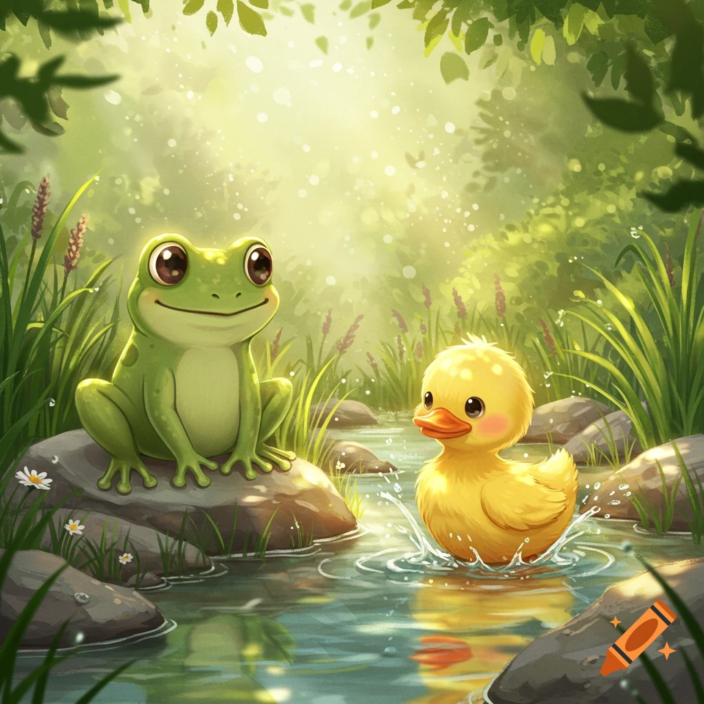 A cute cartoon frog sits on a rock next to a cute cartoon duckling splashing in a sunlit stream in a lush green forest.