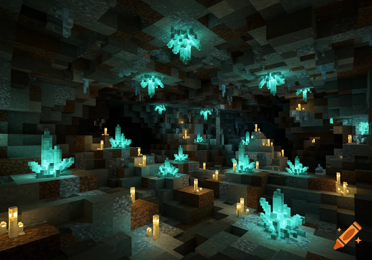 A blocky Minecraft-style cave with glowing blue crystals and small candles illuminating the dark interior.