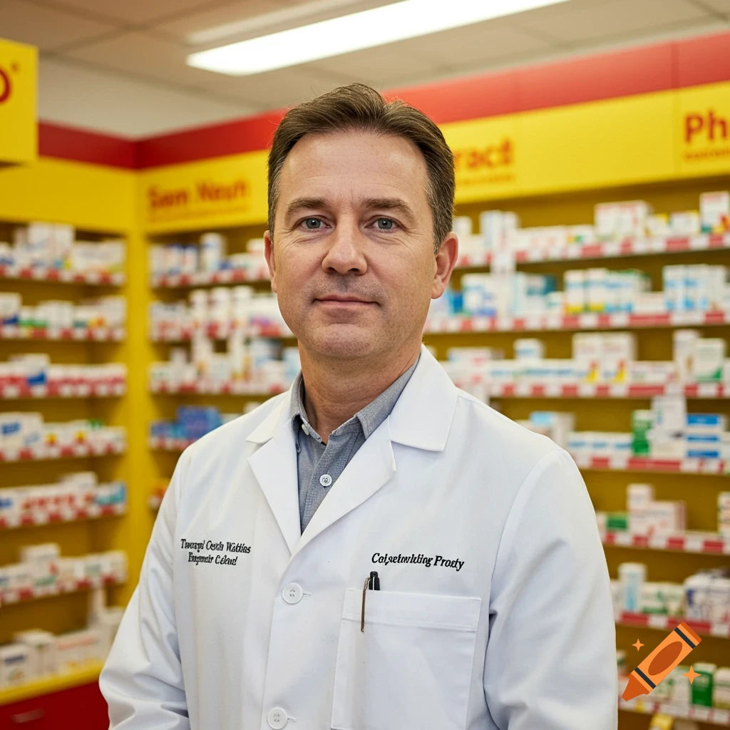 Photorealistic portrait of a male pharmacist in a white coat, standing in front of yellow pharmacy shelves filled with medications.