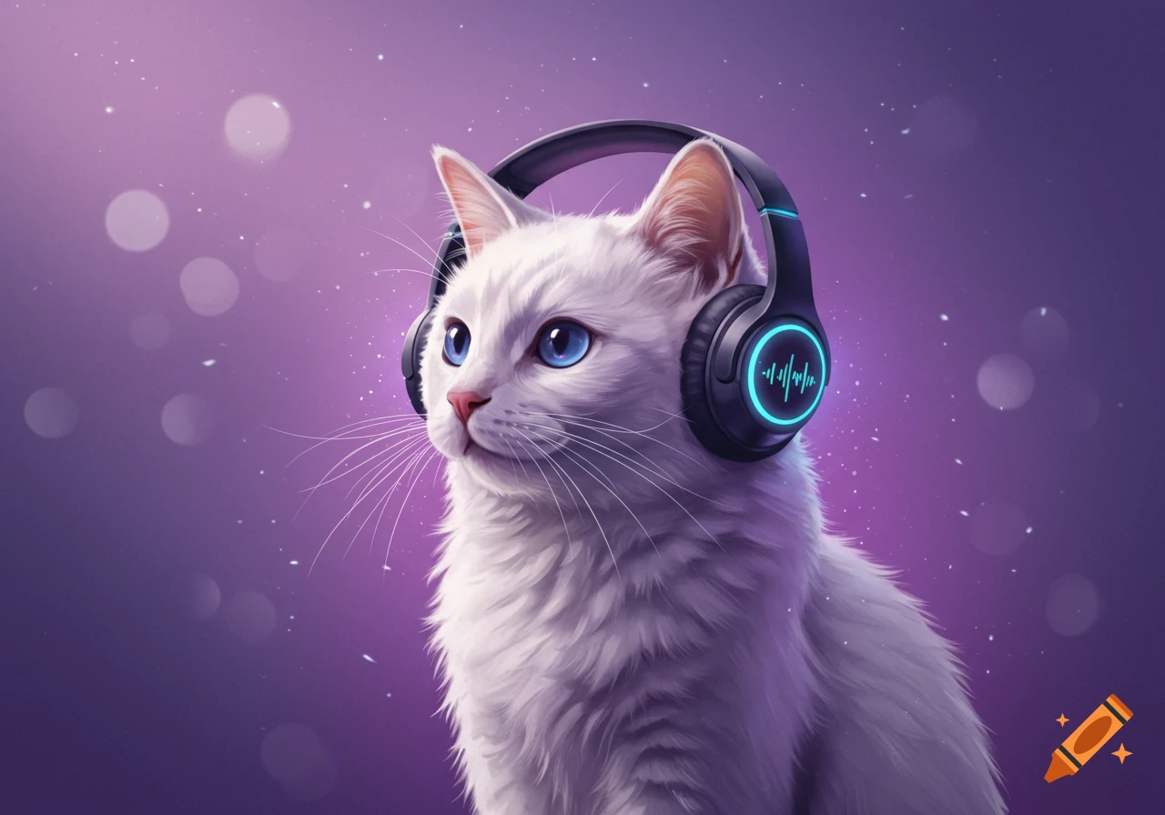 A white cat with bright blue eyes wearing black headphones with glowing blue sound waves, set against a shimmering purple background.
