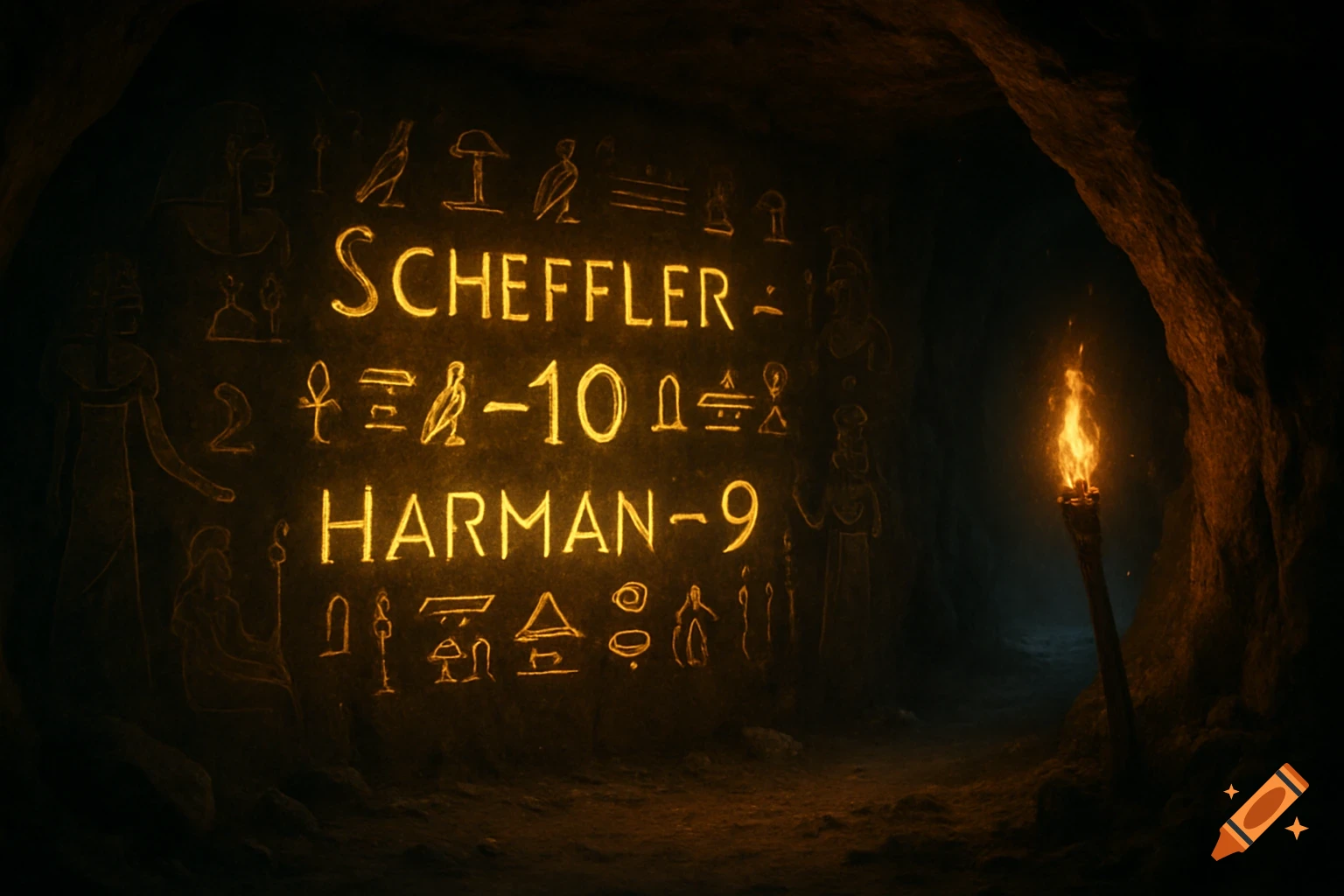 Glowing hieroglyphics and names 'Scheffler -10' and 'Harman -9' carved on a dark cave wall, lit by a torch.
