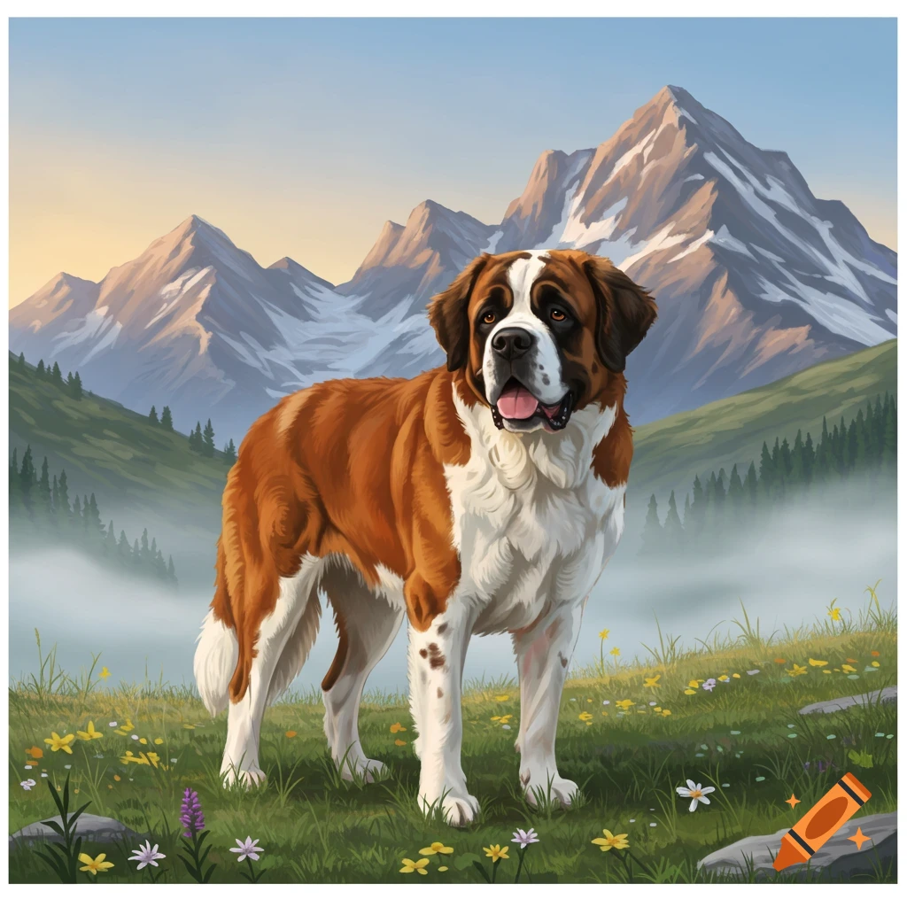A large Saint Bernard dog stands in a wildflower meadow with snow-capped mountains in the background.