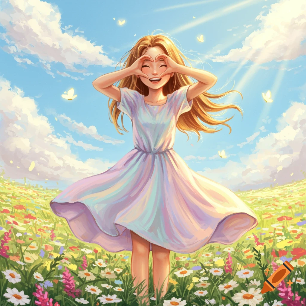 Smiling girl in a pastel dress making a heart with her hands over her eyes, standing in a colorful flower field under a sunny sky.