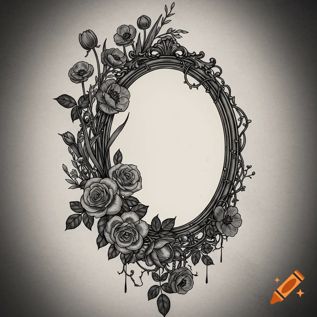 A black and white ornate oval frame adorned with various gothic flowers and vines, in an illustrative style.
