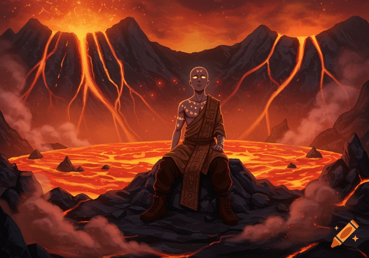 An anime-style bald character with glowing eyes and sacrificial markings sits amidst erupting volcanoes and a vast lava lake.