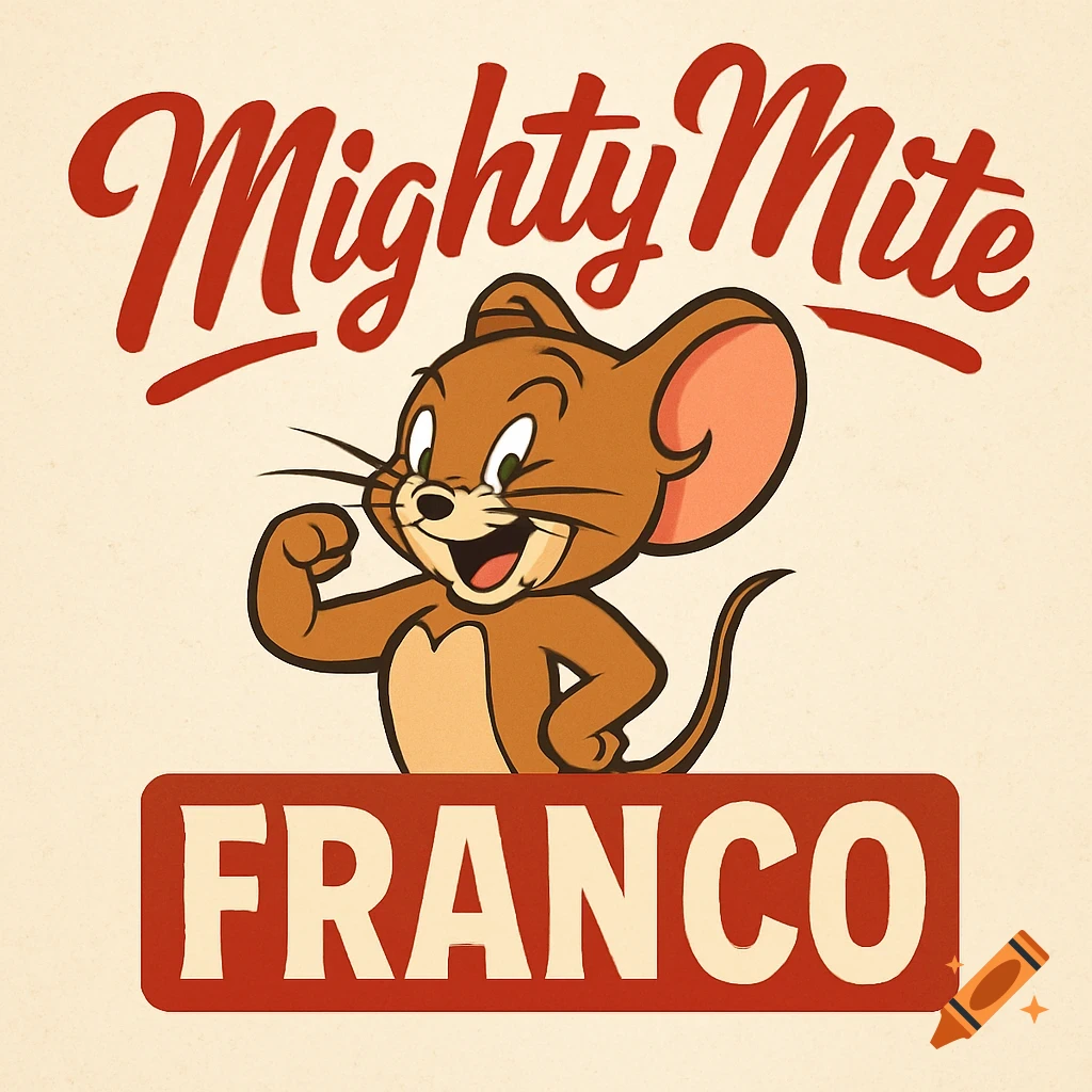 A vintage-style logo featuring Jerry the mouse flexing, with 'Mighty Mite' above and 'FRANCO' below, on a cream background.