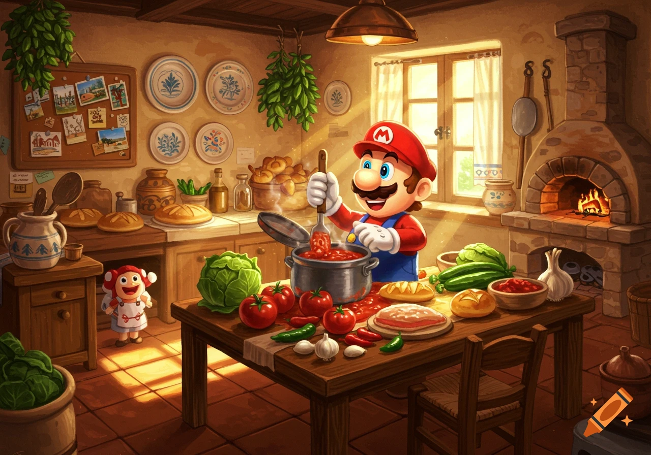 Mario, a cartoon character in overalls and a red hat, stands in a rustic kitchen stirring a pot of sauce. Vegetables and bread are on a wooden table, with an oven and window in the background.