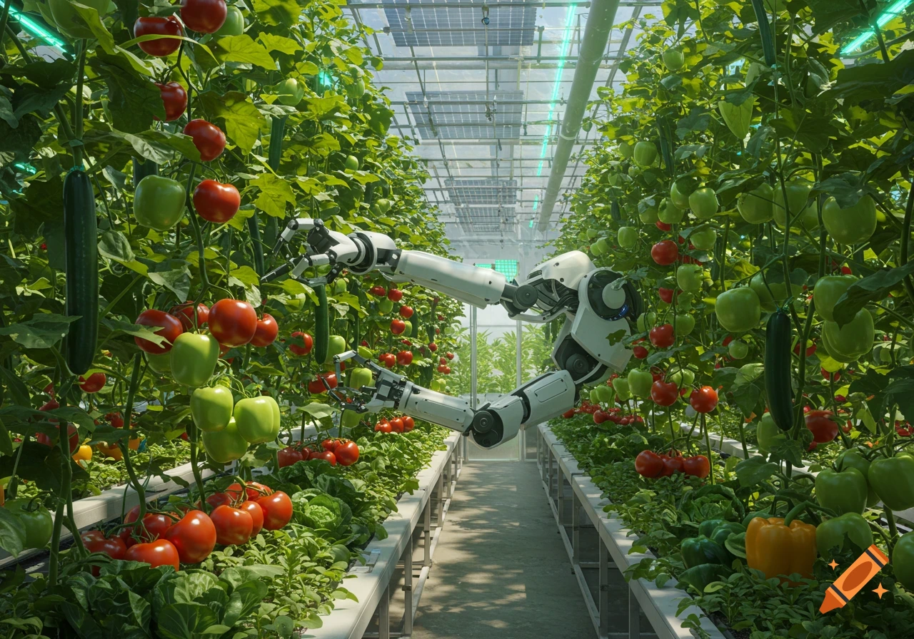A photorealistic image of a robot harvesting tomatoes, bell peppers, and cucumbers in a high-tech greenhouse with solar panels.