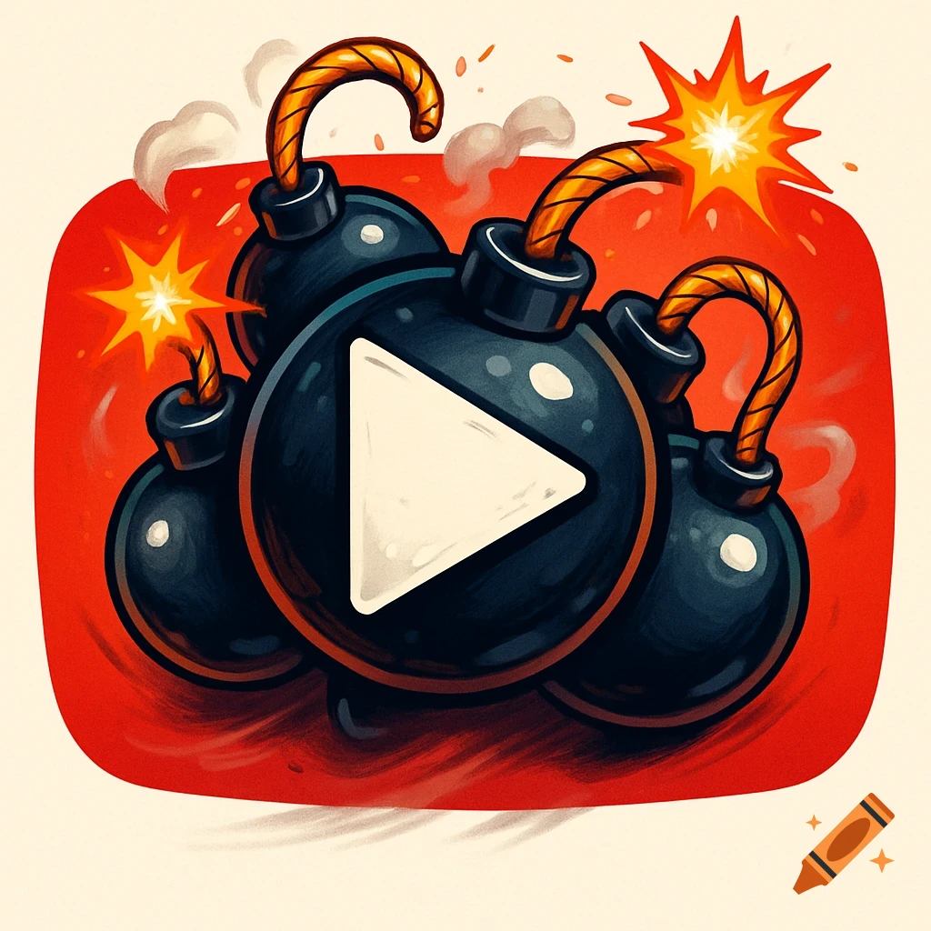 Cartoon bombs with orange fuses and fiery explosions surrounding a white play button on a red background.