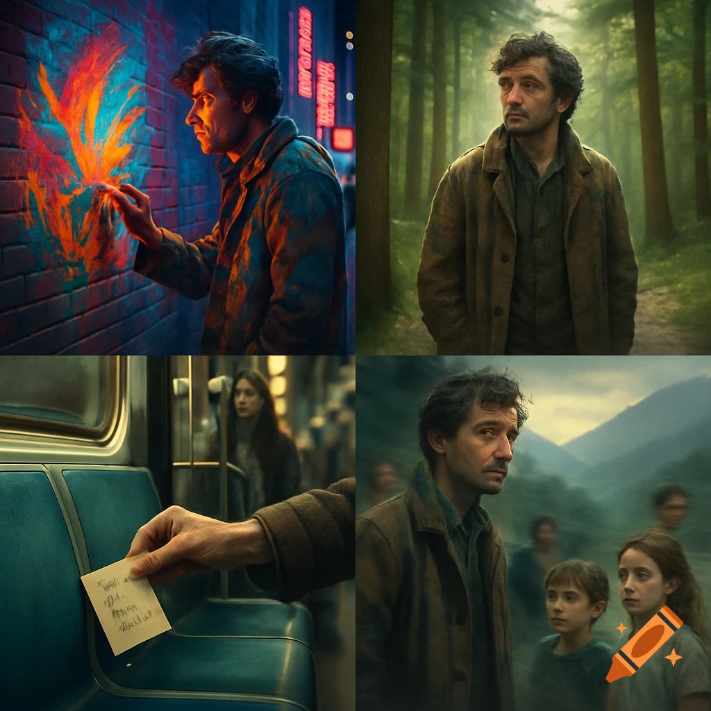 A four-panel image of a man in different settings: painting a glowing mural on a city wall, standing in a forest, leaving a note on a subway seat, and looking over his shoulder among children in a valley. Photorealistic style.