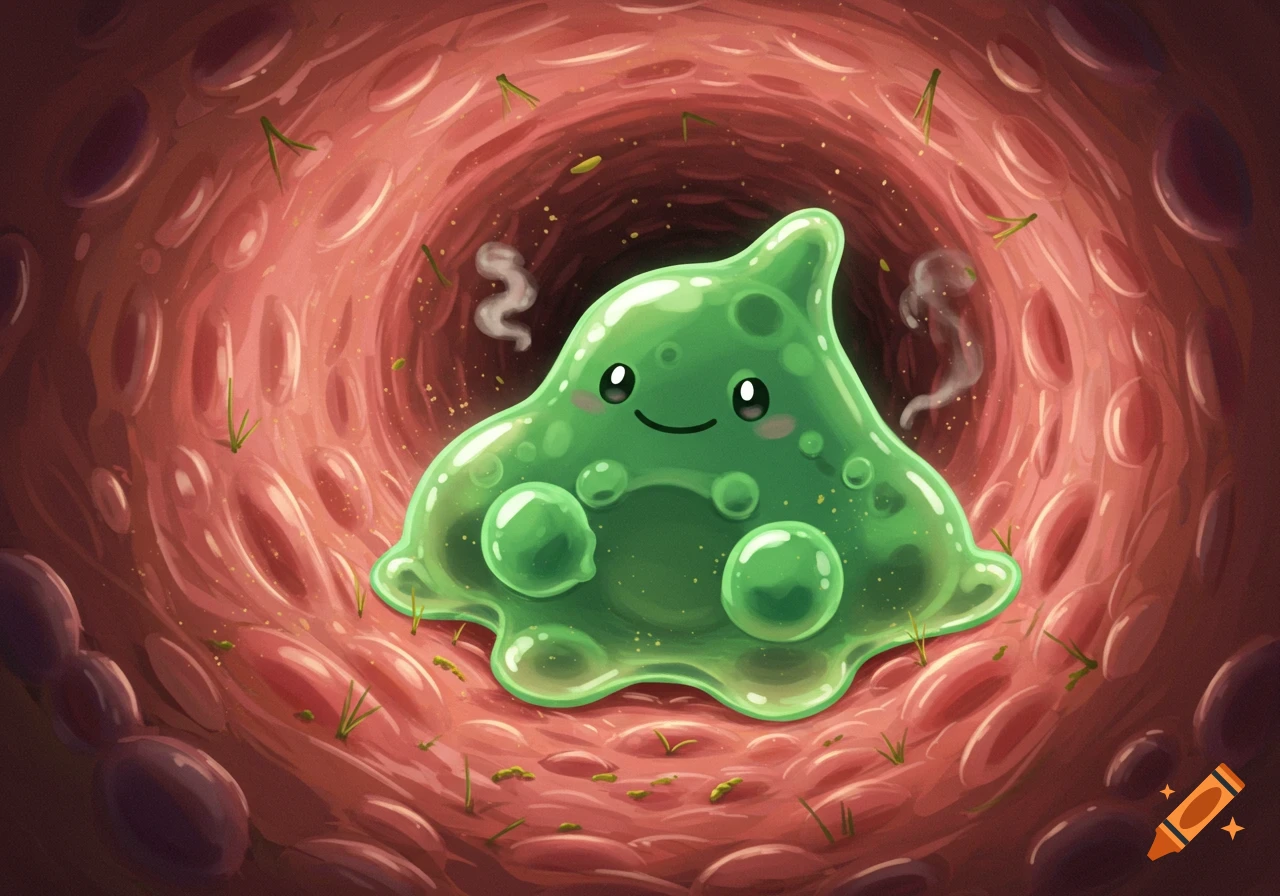 A cute, smiling green slime creature with bubbles inside, sitting in a red, textured biological passage with small debris.