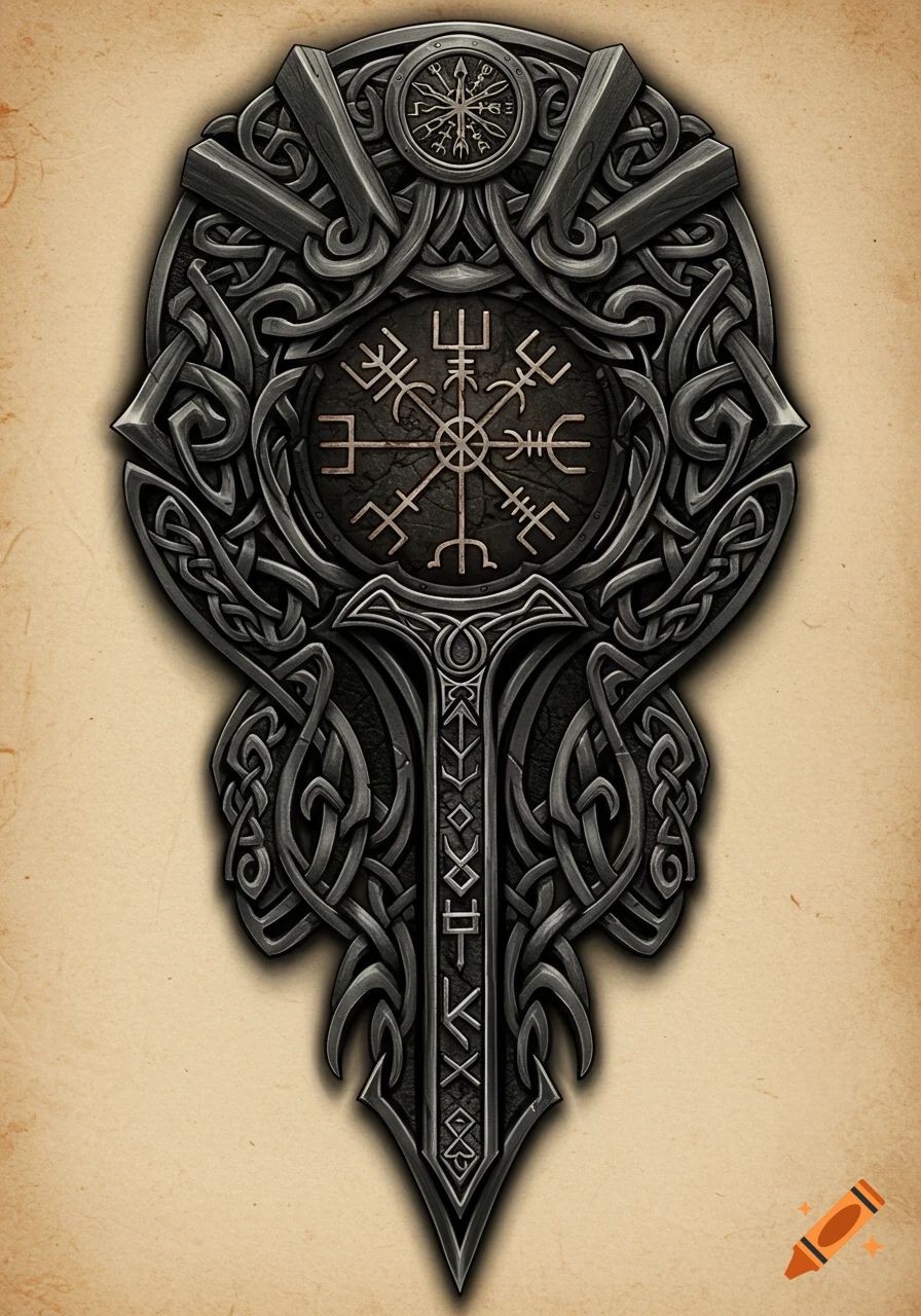 Detailed dark metallic Norse and Celtic knotwork design with a central Vegvisir symbol and stylized runes on a weathered parchment.