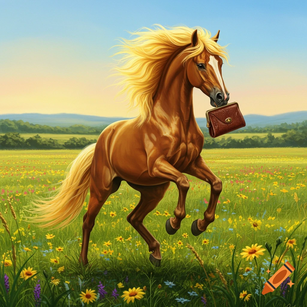 A brown horse with a blonde mane and tail prances through a sunlit wildflower field, holding a brown purse in its mouth. Painterly style.