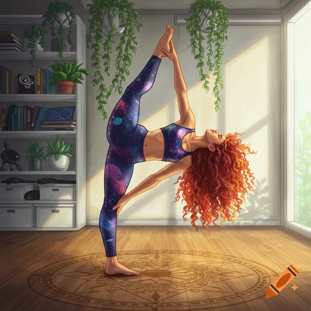 An illustrative image of a red-haired woman in galaxy-print activewear performing a yoga standing split pose in a sunlit room.
