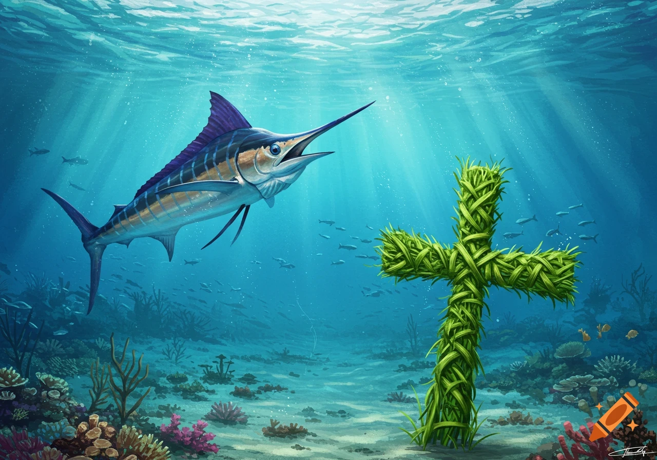 A marlin fish swims underwater towards a cross made of green interwoven plant material, with coral reefs below and rays of light from above.